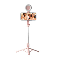Perche à selfie BT12 4-en-1 avec double anneau lumineux, trépied pliable et extensible pour iPhone et Android