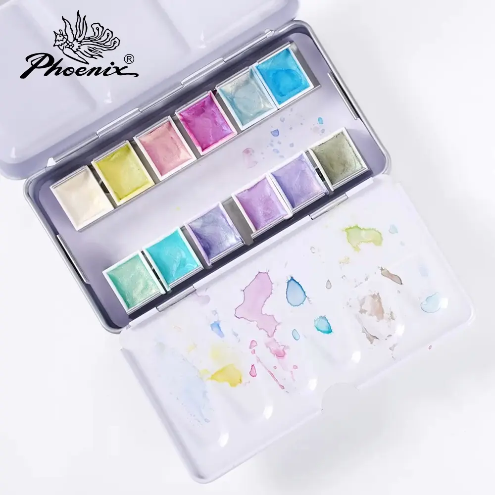 Phoenix 12 Farben Künstler Farb verschiebung Schimmernde halbe Pfanne Aquarell Irisierendes Aquarell-Set