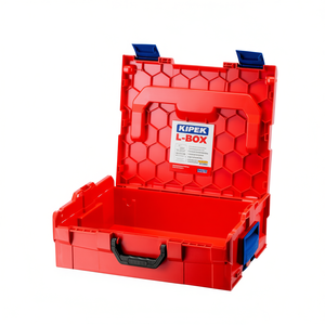 Boîte à outils KNIPEX L-BOXX en plastique rouge avec loquets et poignée bleus pour le rangement et le transport d'outils - Product Image 1