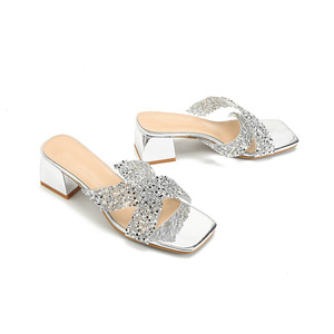 Elegant Black Rhinestone Heeled Sandals Square Toe Mid <b>Block</b> Heel Slip-On Summer Women Shoes Patent Leather PU Lining - Product Image 5