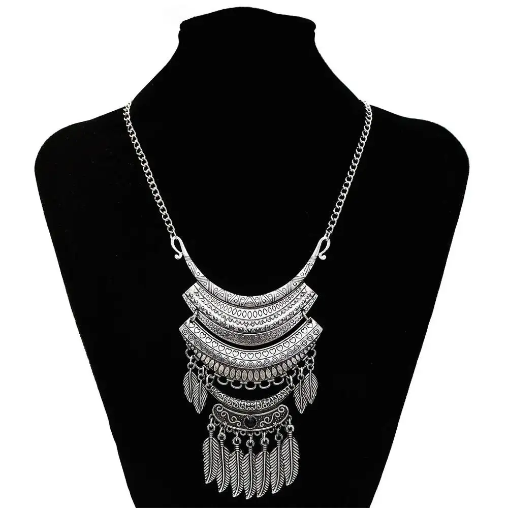 Kalung Pernyataan Manik-manik Daun Perak Antik untuk Perhiasan Pesta Wanita
