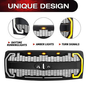 Parrillas de coche para <span class=keywords><strong>Ford</strong></span> <span class=keywords><strong>F150</strong></span> de 2009 a 2014, estilo Raptor parrilla delantera, parrilla parachoques con orificio para emblema y luces LED individuales de giro DRL - Product Image 3