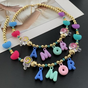 Nouveau <span class=keywords><strong>Collier</strong></span> BD-C6404 Tendance avec Perles Dorées, Breloque Lettre Bulle Colorée pour Fête, <span class=keywords><strong>Collier</strong></span> AMOR Cœur Mignon <span class=keywords><strong>Sucette</strong></span> - Product Image 2