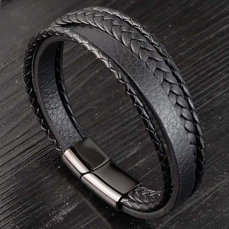 2021 Custom Jewelry Gold Magnetic Bracelet Men's Genuine Leather Metal Beaded Bracelet