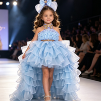 Gaun pesta anak perempuan, gaun pesta anak-anak, gaun putri musim panas, gaun bunga untuk pernikahan, dengan aksesoris ruffle high low train dan headband untuk ulang tahun.