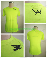 Kaus spandeks poliester hijau neon kaus lari grosir desain cetak kustom membuat logo Anda