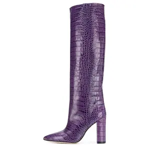 Bottes longues à talons épais pour femme, chaussures de créateur blanches violettes, automne