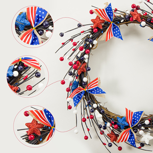 Couronne de fleurs décorative patriotique pour la fête de l'indépendance, rouge, blanc, bleu, en acier inoxydable, moderne, 45 cm, à suspendre à la porte, faite à la main - Product Image 4