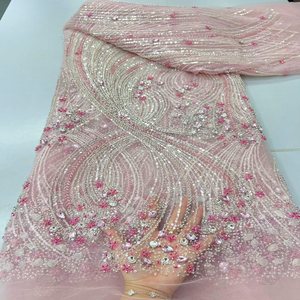 Tissu de robe de cérémonie haut de gamme, tissu brodé de sequins haute densité pour robe de mariée, tissu brodé de perles multicolores. - Product Image 3