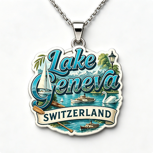 Pendentif souvenir du lac Genève, Suisse, en alliage de zinc plaqué argent, émail dur, forme irrégulière, impression numérique, artisanat métallique - Product Image 4