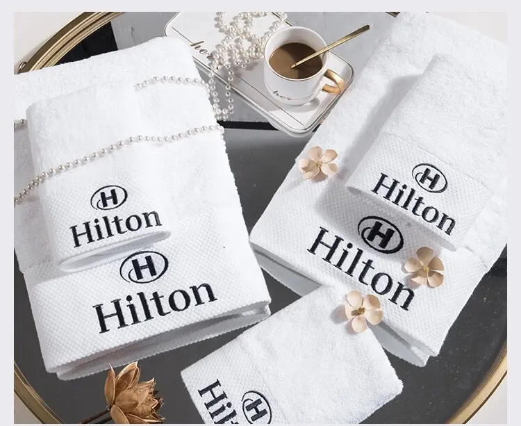 Handuk Putih Tebal Lembut Kualitas Tinggi Hilton Series Mewah 100% Katun Handuk Mandi untuk Rumah Bordir Label Disesuaikan