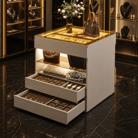 Cremefarbener, umweltfreundlicher, langlebiger Schmuck-Präsentationswürfel mit LED-Glasplatte, offener Inselregal-Organizer, Thekenvitrine mit zwei Schubladen