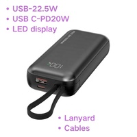 Power bank portabel pengisian daya, bank daya Cepat portabel 22.5W, tampilan LED 10000mAh, PD20W, dengan kabel 2 dalam 1