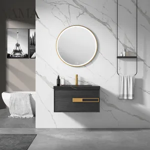VAMA Factory 30 inch new design bathroom cabinet stainless steel gold handle bathroom furniture with round led mirror 305080