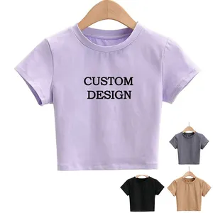OEMカスタム印刷ロゴレディースクロップトップ綿100% レディースブラックファッションTシャツ