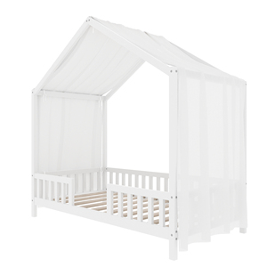 White House Shaped Montessori Floor <strong>Bed</strong>, Twin Kids <strong>Bed</strong> Frame with Canopy &amp; High Railings - Product Image 3