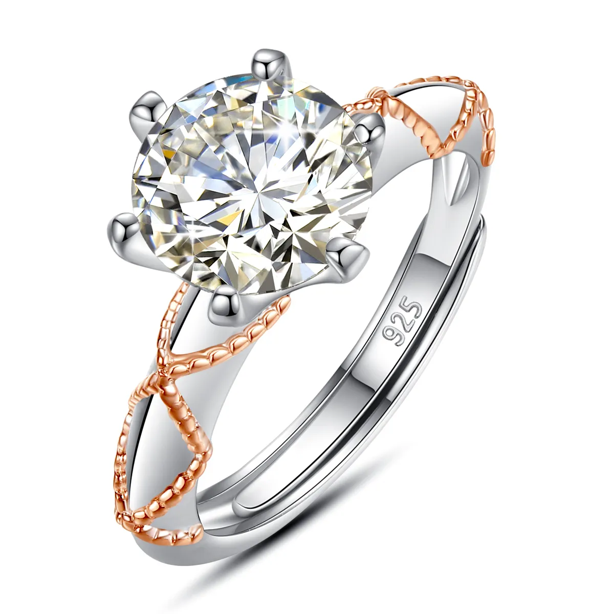 Bague de fiançailles en filigrane pour femmes, bijou ajustable, luxueux, couleur blanche, diamant rond, S925