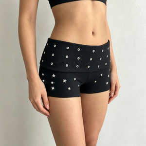 Y2K Rhinestone Eyelet Fold-Over Waistband Knit Shorts – Hot Fix Grommet Sparkle Roll-<b>Down</b> Waist Short <b>Pants</b> for Women - Product Image 5