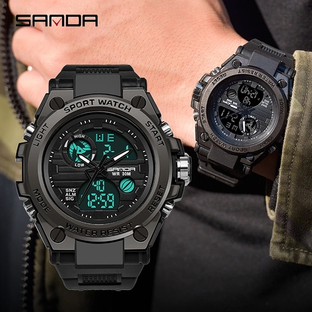 Men's Dual Display Watch Analog Digital Sport Tactical Water Resistant Alarm Stopwatch Black Resin Case Gunmetal Bezel