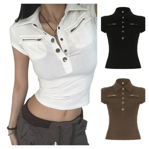 Chemise cargo compressée à manches courtes pour femme, avec poches zippées, couleur unie, coupe ajustée, style streetwear et workwear, vente en gros - Product Image 1