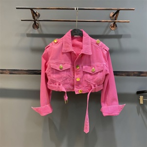 Q30848 giacca da motociclista giovanile giacca da motociclista da bambina fucsia bottoni in metallo con cintura in Denim corti top corti per adolescenti con bottoni in Denim Crop Jack - Product Image 5