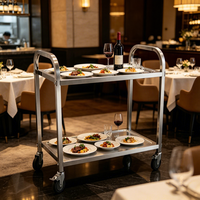 Chariot de service hôtelier à 2 niveaux en acier inoxydable, chariot de cuisine robuste avec étagère à rebord surélevé
