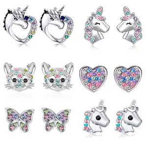 Wholesale Animal Earrings NICE Cute Stud Earrings For Little Girl Kids Crystal Cat Colorful Heart Star Earring Children