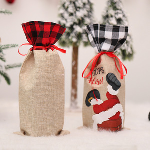Copribottiglia Natalizio Creativo a Forma di Camino di Babbo <span class=keywords><strong>Natale</strong></span>, Design a Quadri Rosso e Nero in Lino per Champagne e Vino, Decorazioni da Tavola - Product Image 2