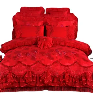 Korean style Cotton wedding embroid Lace Princess Red Pink Flower Rose bed Set waterproof