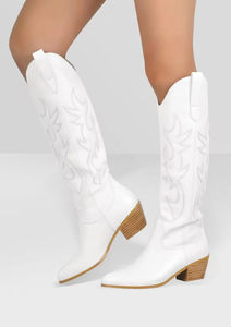 Yeni moda kadınlar batı işlemeli uzun sivri burun tıknaz topuk çekme diz yüksek kovboy çizmeler Cowgirl için - Product Image 4