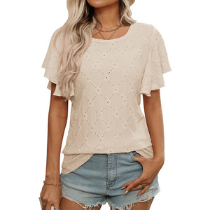 Camiseta informal de verano 2025 <span class=keywords><strong>para</strong></span> <span class=keywords><strong>mujer</strong></span> europea americana <span class=keywords><strong>para</strong></span> <span class=keywords><strong>Amazon</strong></span> nueva flor transfronteriza hueca manga de hoja de loto de punto - Product Image 4