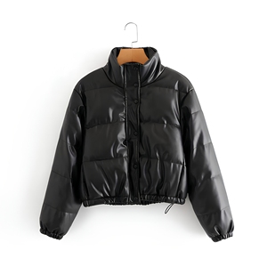 Black PU Stand Collar <b>Waterproof</b> Wool-Lined Puffer Jacket Regular Thick Windproof Casual Winter <b>Coat</b> Button Closure Regular - Product Image 1