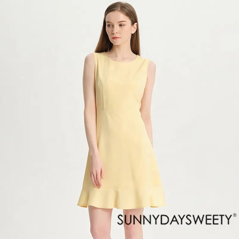 Women Ladies Korean version Casual Elegant Simple Fashion for office Yellow Solid Color Faux Silk Satin One-Piece Dress