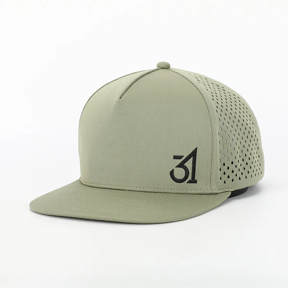 Oem özel 5 Panel düz ağız nakış Logo Gorras, lazer kesim delikli delikli şapka, ordu yeşil Hip Hop lüks Snapback kap