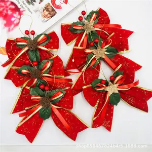 15CM Xmas red Bow Ornaments Christmas Ribbon Bow with Red berry Green leaf for Christmas Tree Topper Outdoor Decorations