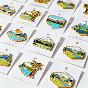Pin de solapa de esmalte duro personalizado con diseño de paisaje al amanecer, impresión UV, logotipo de insignia <span class=keywords><strong>met</strong></span>álica con purpurina, venta al por mayor - Product Image 4