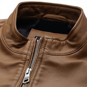 <b>Men</b> Genuine <b>Leather</b> Heated <b>Jacket</b> Mandarin Collar Zipper Closure Casual Slim Fit Winter Wear Light <b>Brown</b> Color Regular Front - Product Image 3
