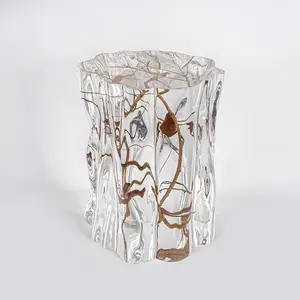 Design unico ramo di legno con foglie in resina trasparente Sgabello pastorale trasparente di notte in acrilico da tavolo motivo a onde divano tavolino