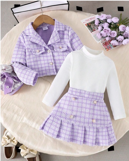 2026 Autumn New Design Hot Selling Casual Kids Clothing Set Plaid Print Coat Round Neck Blouse & Pleated Skirt for Girls