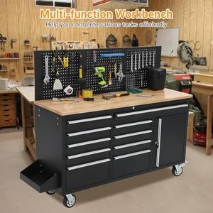 JINFENG 8-Drawer Rolling <strong>Tool</strong> <strong>Cabinet</strong> Adjustable Height Power Strip Solid Rubber Wood Top 1675 LBS Load Capacity Padlockable - Product Image 4