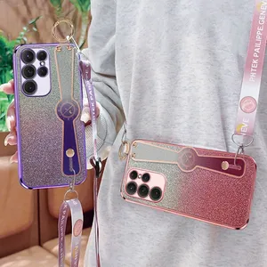 Etui pour <span class=keywords><strong>Samsung</strong></span> Galaxy S24 S23 S22 <span class=keywords><strong>S21</strong></span> S20 Ultra Plus FE 4G 5G Lanyard Dragonne Support GLITTER Placage Silicone - Product Image 1
