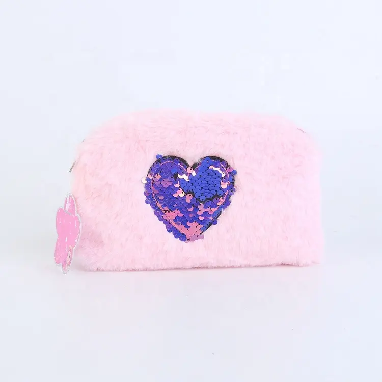 Kürk küçük fermuar makyaj çanta organizatör kalp pullu kılıfı pembe kozmetik çantası yeni özel Trendy sıcak kabarık peluş kız için 200 adet