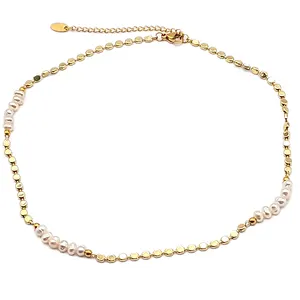 Collier de perles irrégulières faites à la main plaqué or pour les femmes, chaîne de collier de perles d'eau douce naturelles