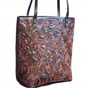 Sac fourre-tout en cuir véritable vintage de grande capacité, personnalisé en gros, avec des motifs floraux gravés à la main, de haute qualité, nouvelle mode - Product Image 1