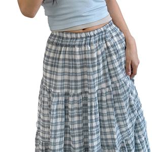 Falda Larga Casual de Estilo Literario Fresco con Diseño Retro a Cuadros Azules para Chicas, Personalizable y con Corte en A - Product Image 3