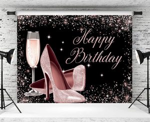 Rose Gold Glitter Gelukkige Verjaardag Achtergrond Hoge Hakken Champagne Glas Fotografie Achtergrond Voor Volwassen Vrouwen Verjaardagsfeestje - Product Image 3