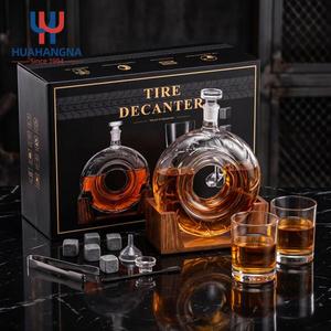 Luxury Tire Shape Whiskey Decanter Set Crystal Glass Liquor With Wooden Stand Accessories for Barware Gift Wholesale - Product Image 1