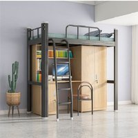 Lit superposé double en bois massif et acier avec bureau et étagères, finition naturelle, style organique