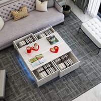 Table basse blanche moderne à 4 tiroirs haute brillance avec lumière LED RGB réglable pour meubles de salon