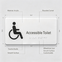 Plaque de porte tactile en acrylique modèle 009 avec symbole de fauteuil roulant et signalisation tactile pour toilettes accessibles, taille personnalisable pour lieux publics - Xiaoyao